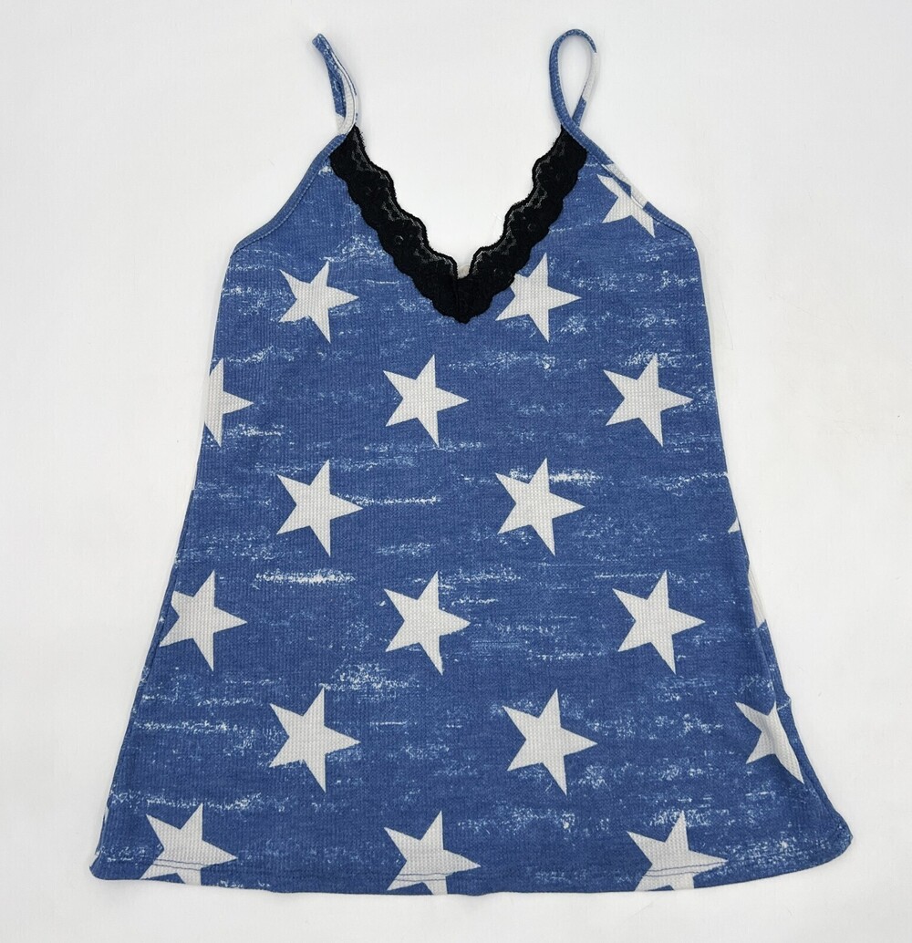 Blumin Apparel Shirt Womens medium Blue Stars Tank Strappy Lace USA Blouse